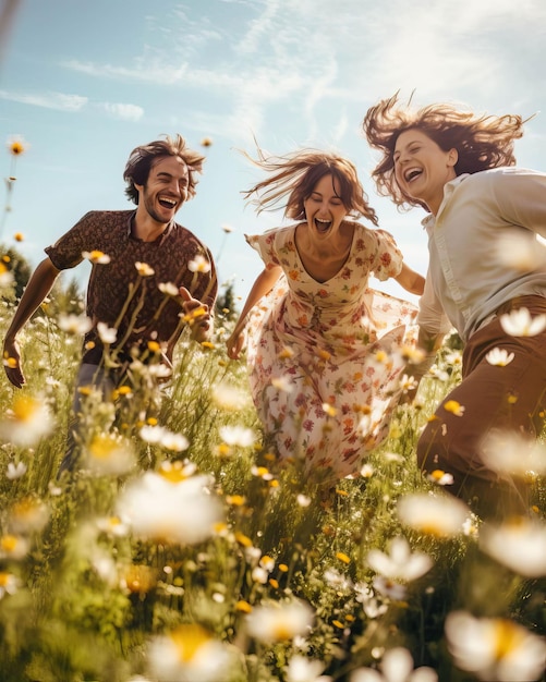 Photo friends frolicking in a field of wildflowers their joy radiating from the image