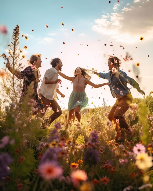 Friends frolicking in a field of wildflowers their joy radiating from the image