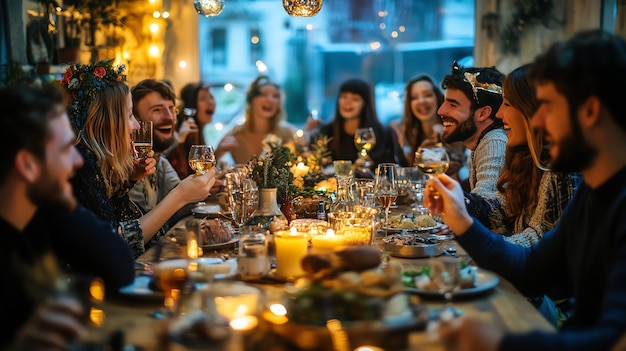 Photo friends gather around a table filled with food and drink laughing and enjoying each others company