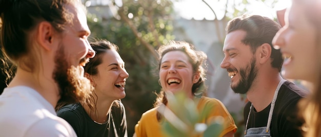 Photo friends gather outdoors bursting into laughter and enjoying each others company in a sunlit relaxed setting