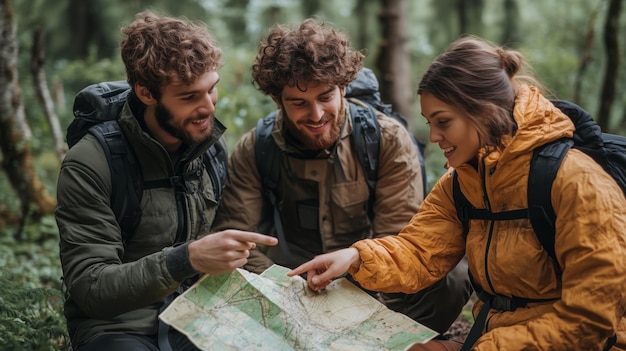 Photo friends gather outdoors for a picnic discussing their route with a map in hand