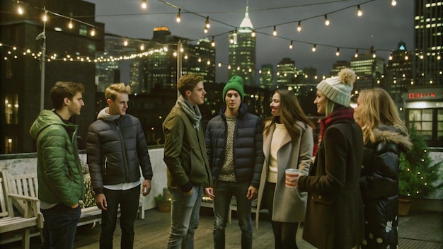 Friends Gather on Rooftop City Lights Glimmering in the Night