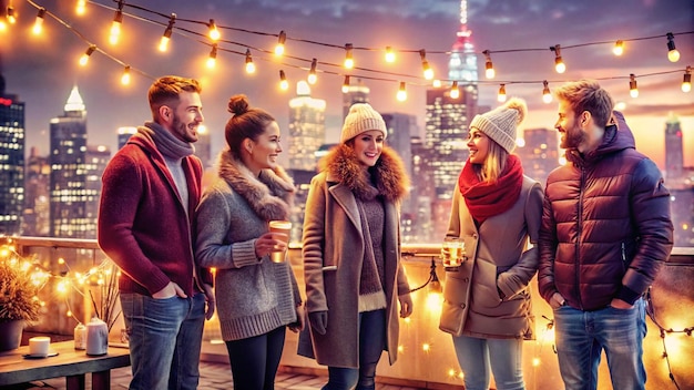 Friends Gather on Rooftop for Festive Winter Celebration