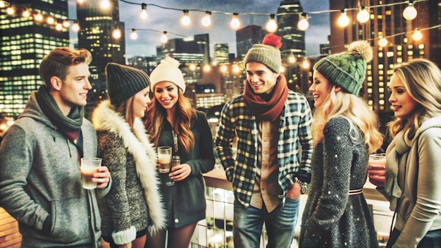 Friends Gather on Rooftop for Winter Night Out