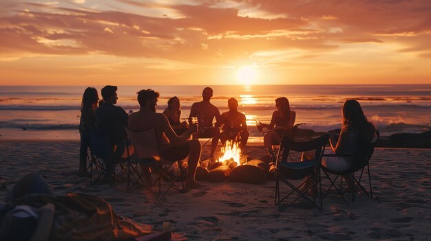 Friends gathered around a bonfire on the beach at sunset