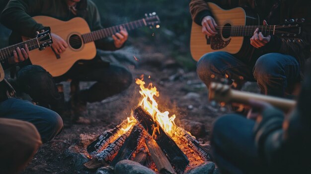 Photo friends gathered around a campfire playing guitars