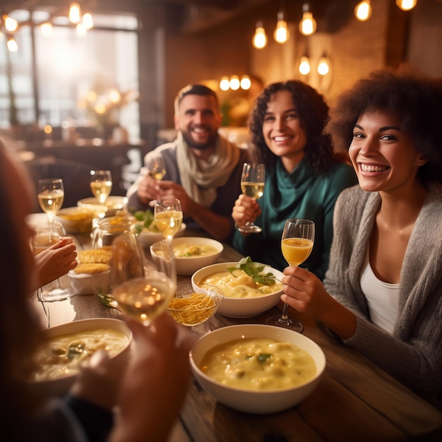 Friends gathered around table sharing food and wine smiles all around