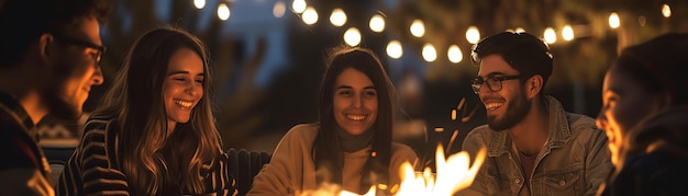 Friends gathered around a warm fire enjoying laughter and conversation under soft glowing lights