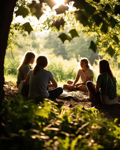 Friends gathered beneath a towering tree embracing nature39s tranquility in the heart of the woods