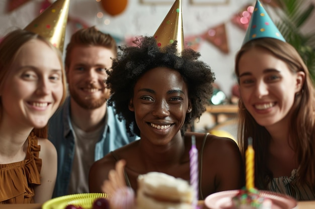 Friends gathered for a birthday celebration smiling with party hats on