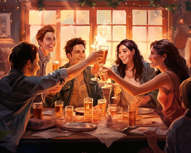 Friends gathering around a table their hands raised in a toast to celebrate their friendship