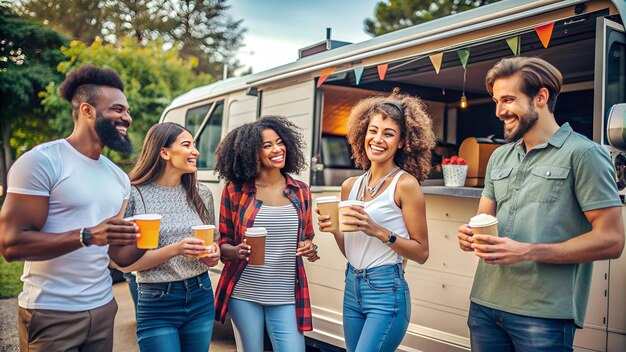 Photo friends gathering near food truck