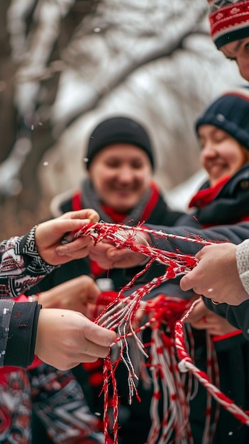 Photo friends giving each other miori red and white gifts