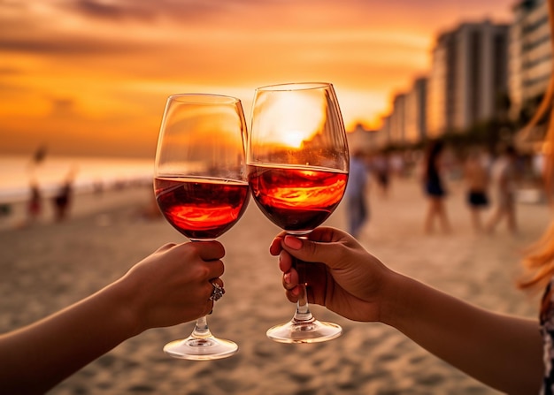 friends hands with glass of wine cheers on enening beach promenade at sunset sea summer