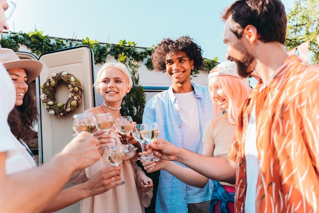 Friends have a picnic and toast with wine glasses