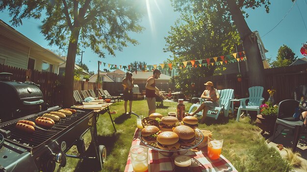 Photo friends having a backyard barbecue in a suburban american ne neighbor holiday creative background