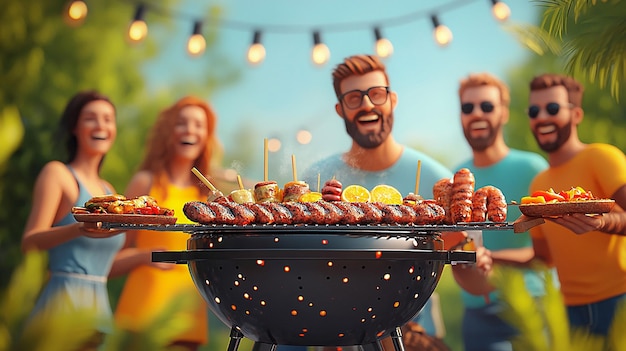 Photo friends having a backyard party centered around a barbecue grill filled with food illustrated in a playful 3d vector design