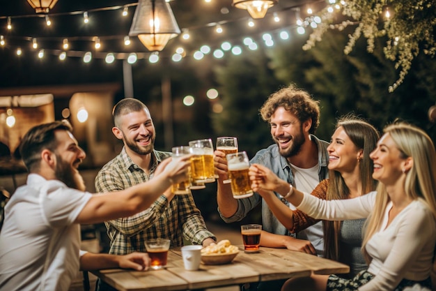 friends having a beer in a bar with lights around them