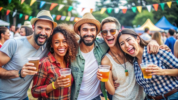 friends having a beer and laughing at a festival