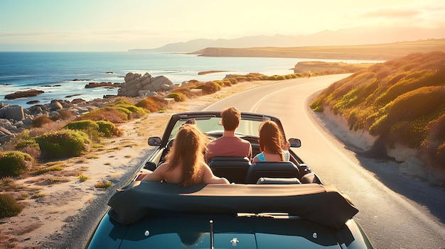 Photo friends having a blast on a coastal road trip in a sleek convertible wind in their hair capturing unforgettable memories