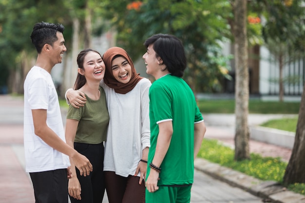 Friends having fun chat after exercising