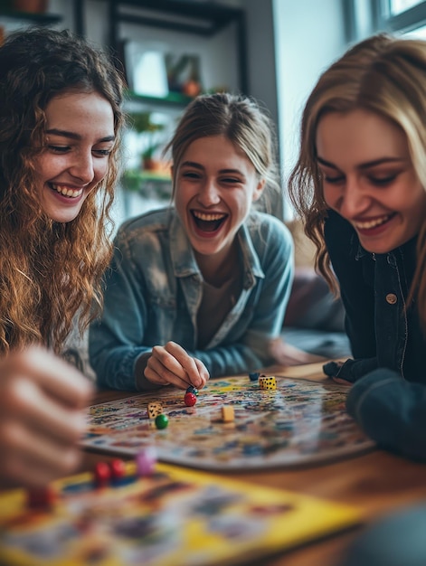 Friends having fun playing board games together