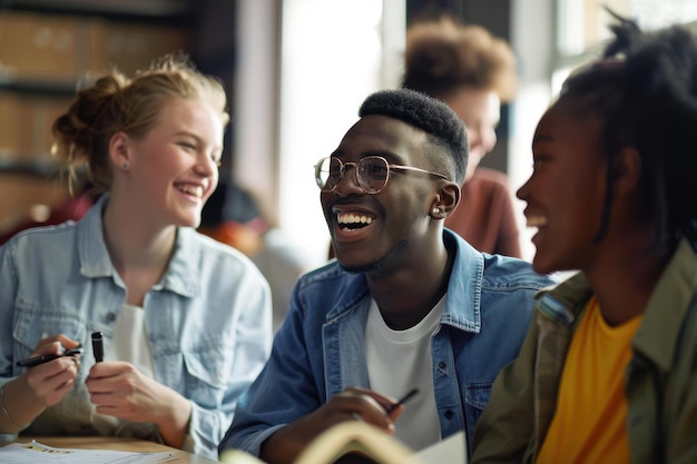 Friends Having Fun While Studying Together In The Library Happy AfricanAmerican student explains so