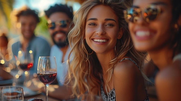 friends having a glass of wine and smiling at the camera