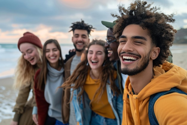 Friends having a joyful beach selfie moment