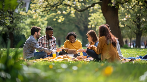 Friends having a picnic in the park