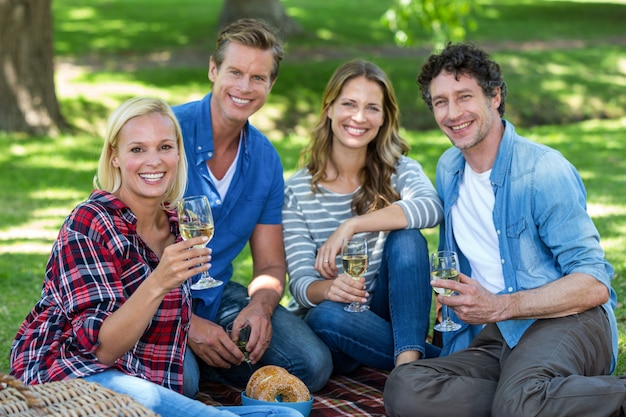 Friends having a picnic with wine