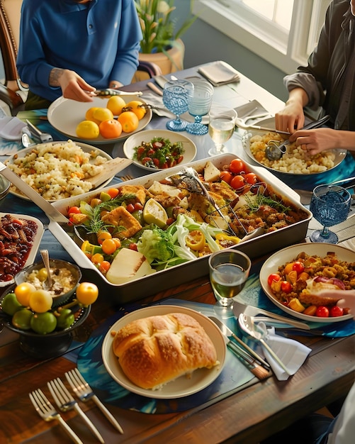 Friends Having A Potluck Dinner Bringing Background