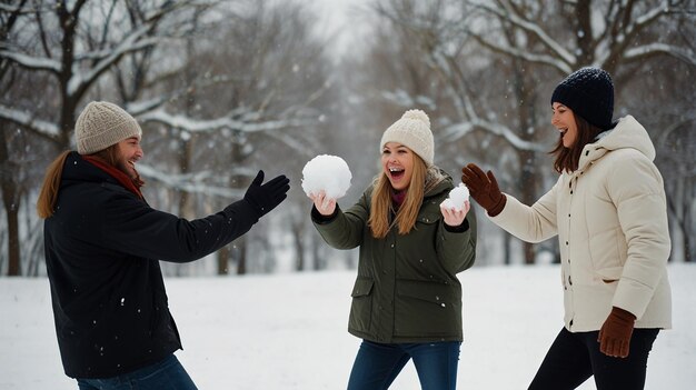 Photo friends having a snowball fight