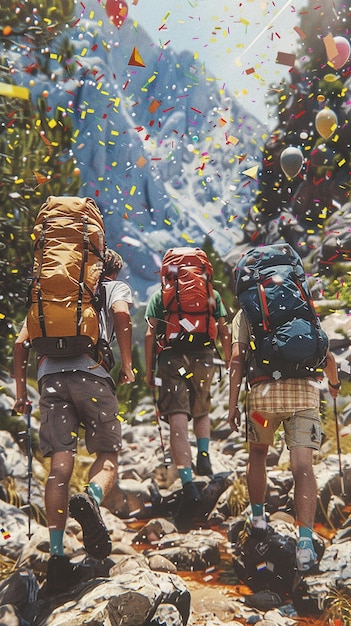 Friends Hiking a Nature Trail with Backpacks Exploring