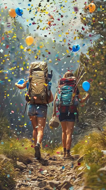 Friends Hiking a Nature Trail with Backpacks Exploring