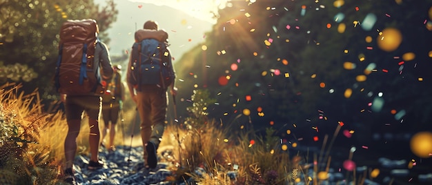 Friends Hiking a Nature Trail with Backpacks