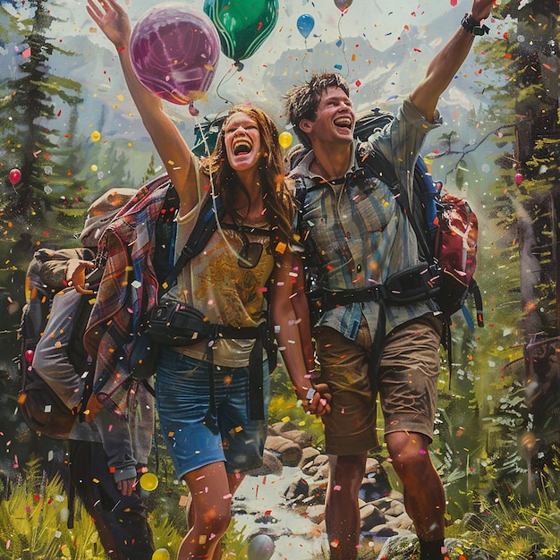 Friends Hiking a Nature Trail with Backpacks