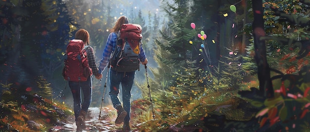 Friends Hiking a Nature Trail with Backpacks