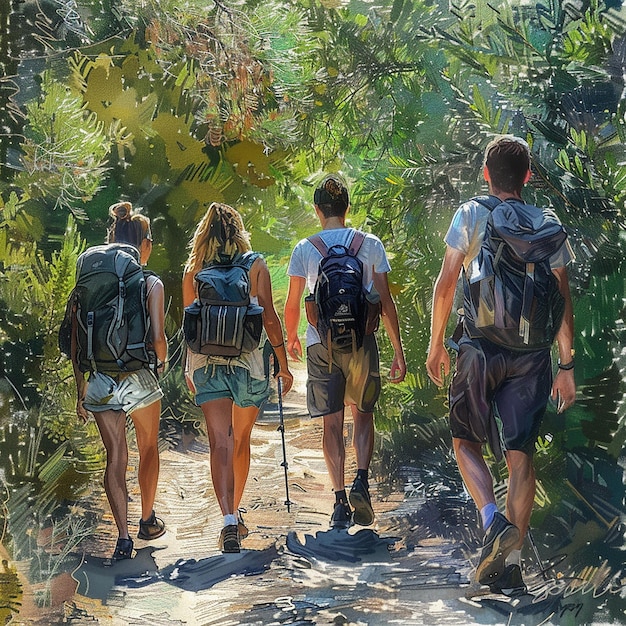 Friends Hiking on a Nature Trail