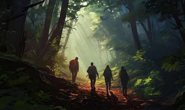 Friends hiking through a lush forest their friendship guiding them on the path