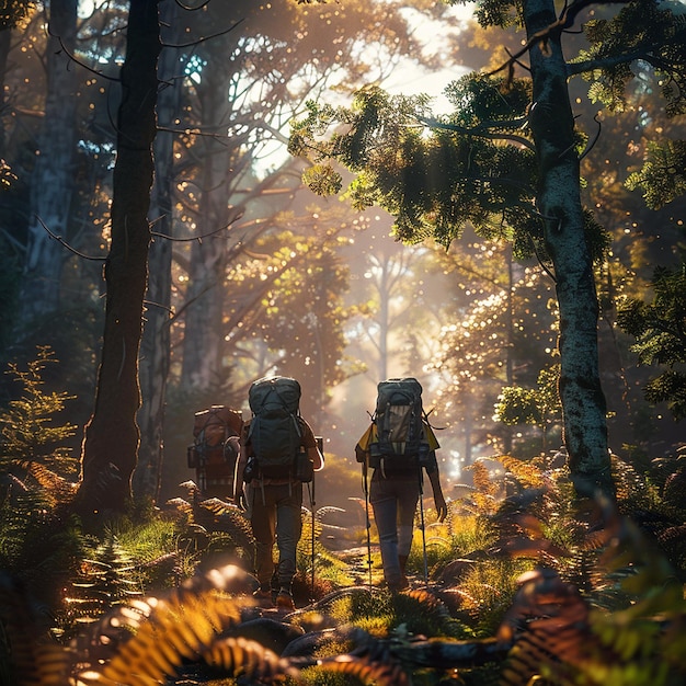 Friends Hiking Through a Sunlit Forest