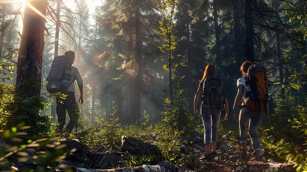 Friends Hiking Through a Sunlit Forest