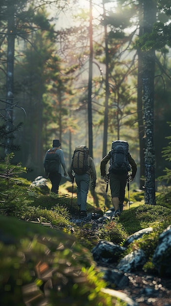 Friends Hiking Through a Sunlit Forest