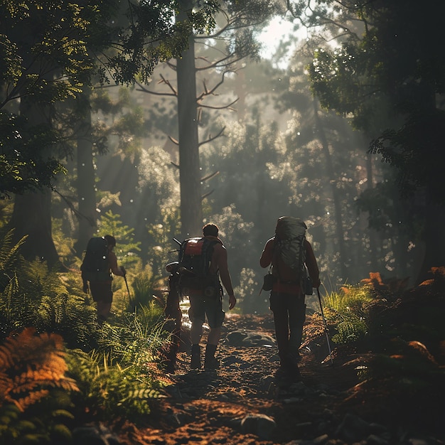 Friends Hiking Through a Sunlit Forest