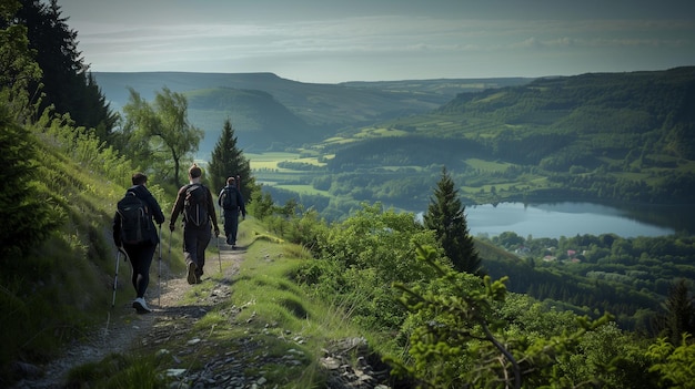 Friends hiking up a scenic trail with a panoramic view of a serene lake in the distance