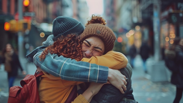 Photo friends hugging in the middle of a bustling city