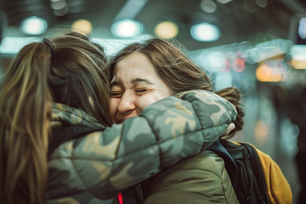 Friends Hugging with Tearful Joy at an Airport