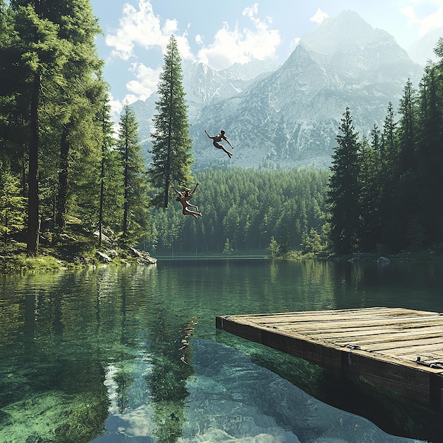 Photo friends jumping into a crystalclear lake