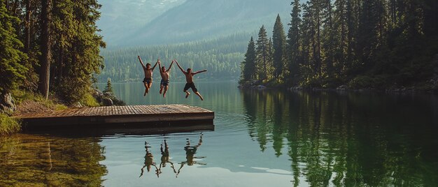 Photo friends jumping into a crystalclear lake