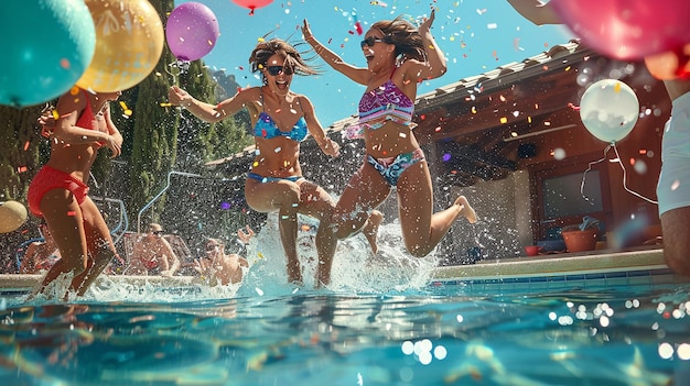 Friends Jumping into a Pool for a Summer Splash